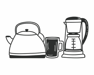 Illustration of a teapot, mug, and coffee maker