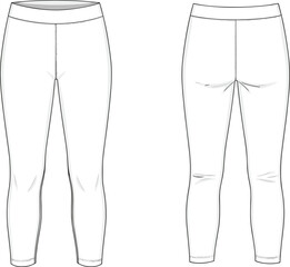 Leggings technical flat sketch front and back view, detailed CAD drawing vector illustration, fashion design template for activewear production