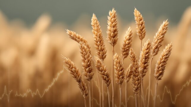 Close-Up of Wheat Stalks Symbolizing Agriculture with Stock Graph Overlay Highlighting Market Trends and Growth Potential