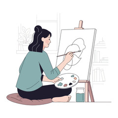 Young woman artist painting on canvas with brush and palette.