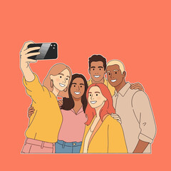 Group of friends taking a selfie together smiling and happy.