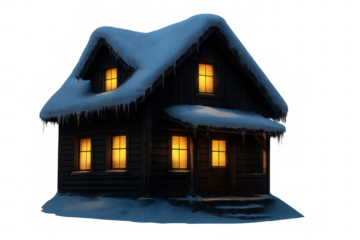 Snowy cottage with warm yellow light glowing from windows during winter night, cozy festive house on transparent background