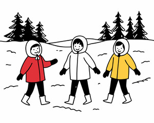 Three children playing in the snow, winter fun