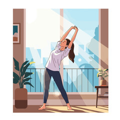 Woman stretching arms up in a sunlit room.