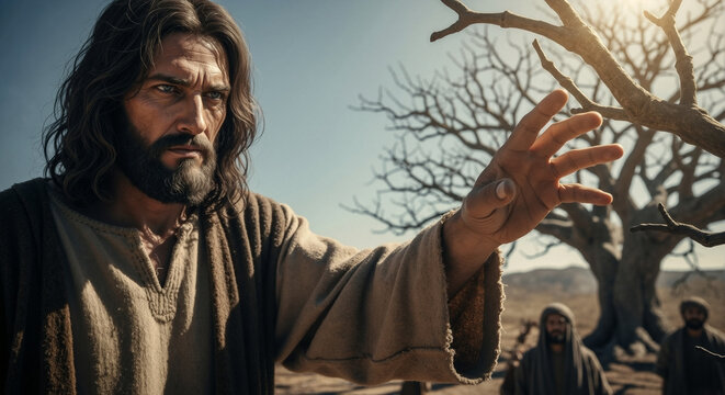 Jesus Christ cursing the barren fig tree in a desert landscape. A dramatic biblical scene depicting a divine miracle. Religious story from the gospel with cinematic lighting