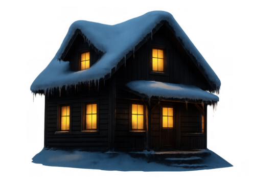 Snowy cottage with warm yellow light glowing from windows during winter night, cozy festive house on transparent background