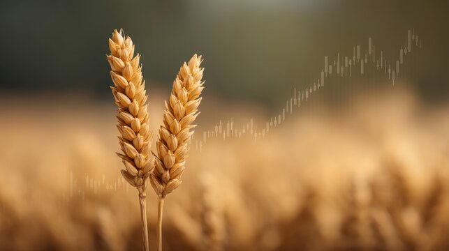 Close-Up of Wheat with Stock Graph Overlay Symbolizing Agricultural Trends and Market Movements in Golden Fields