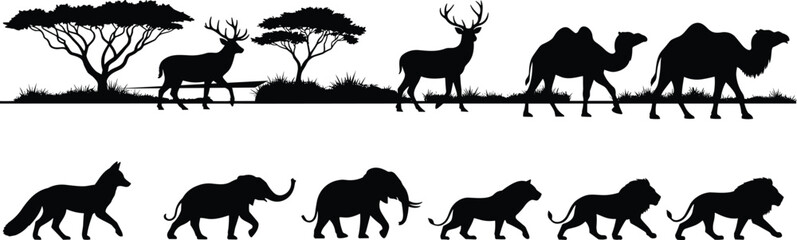 Wild animal silhouettes walking in savanna landscape with trees, deer, camel, elephant, lion, fox, safari wildlife vector illustration