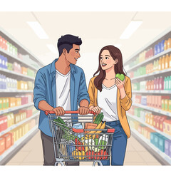 Happy young couple shopping for groceries together in a supermarket aisle.