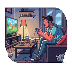 Young man engrossed in video game on television.