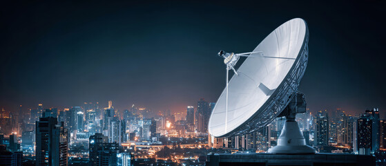 Satellite dish illuminated at night overlooking a bustling city skyline