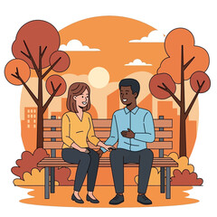 Couple Holding Hands Sitting on Park Bench Enjoying Autumn Day.