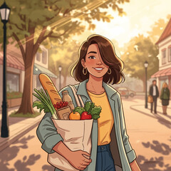 Woman with Groceries on Sunny Street.