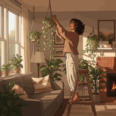Woman arranging hanging plant on ladder in cozy living room.