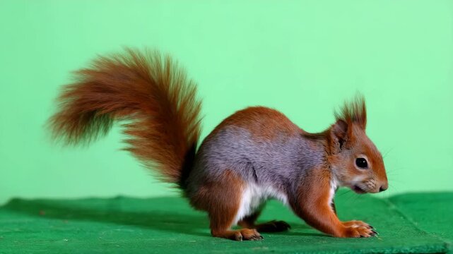 Adorable red squirrel holding food with fluffy tail on green background close up