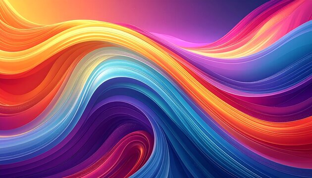 Abstract flowing multicolored waves blend smoothly with orange, yellow, blue, & purple hues