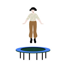 Happy girl jumping on a trampoline. Vector colorful illustration on white background.