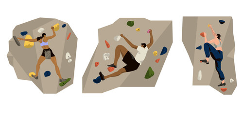 Climbers on bouldering walls set. Mountain climbing up, extreme sport activity. Mountaineers athletes training indoors. Flat graphic vector illustration isolated on white background.
