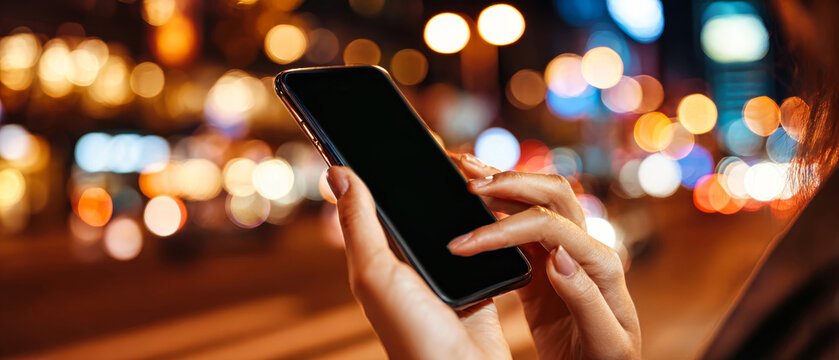 Hand holding a smartphone illuminated by city lights during nighttime in an urban environment