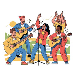 Diverse group of musicians performing live music outdoors.