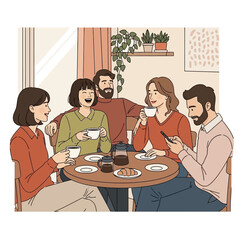 Group of diverse friends enjoying coffee and conversation at a cafe.