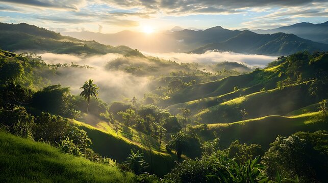 Misty mountain sunrise over lush green valleys high resolution photo