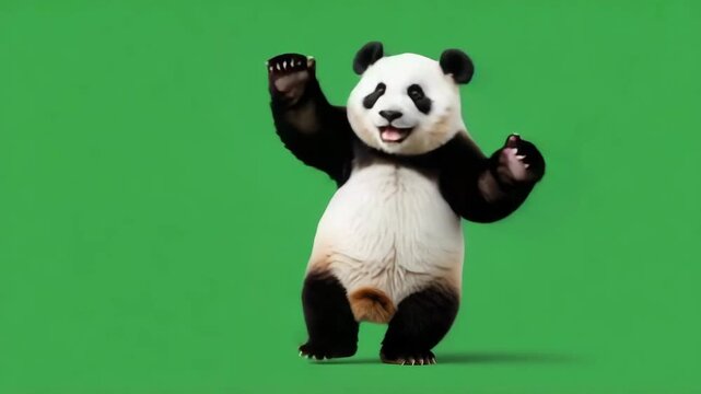 Joyful panda bear waving arms happily on green screen background playful animal character
