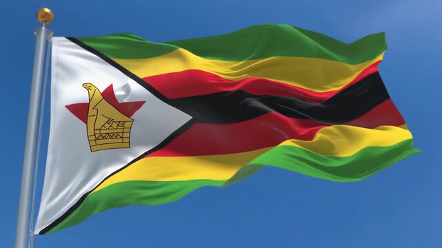 Zimbabwe flag waving in slow motion against clean blue sky, seamlessly looped, close up, 