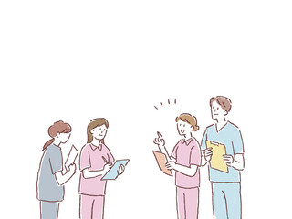 申し送り、ミーティングをする看護師、介護士