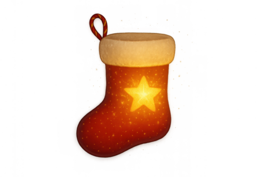Red christmas stocking glowing with an illuminated star, festive december holiday decoration on transparent background