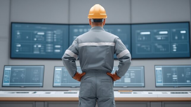 Engineer Standing Before Large Industrial Systems Display in Control Room with Modern Technology and Multiple Screens