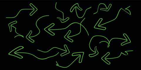 A collection of hand-drawn, glowing green arrows pointing in various directions on a black background.