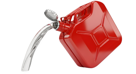Vibrant red fuel can pouring liquid, essential for automotive, travel, and emergency preparedness applications with dynamic chrome spout
