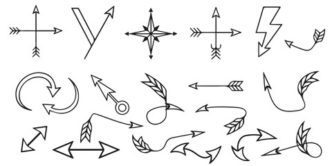 A diverse collection of hand-drawn black and white arrow icons and pointers isolated on a white background.