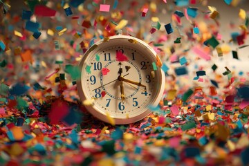 Naklejka premium Celebration of work anniversary with festive clock surrounded by colorful confetti at event location