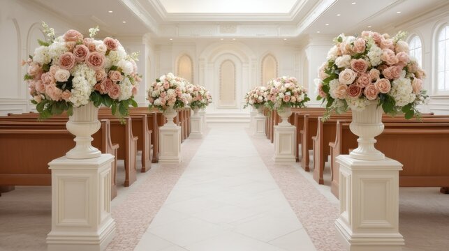 Classic wedding chapel decorated with elegant floral arrangements creating a romantic aisle filled with soft pastel colors and serene ambiance.