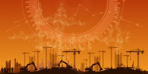 Vektor Silhouetten Bauindustrie - Baumaschinen und Baukräne im Einsatz auf Baustellen - Digitalisierung und Projekt Monitoring