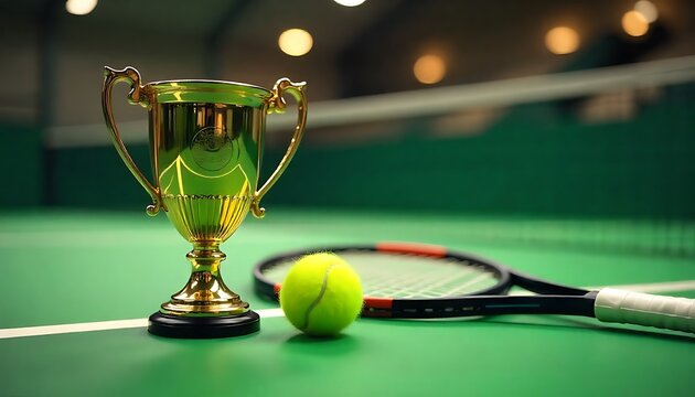 Golden trophy on green tennis court beside racket celebrating tennis achievement and sporting excellence, created with generative ai