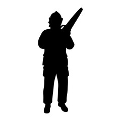 Silhouette of person holding chainsaw tool