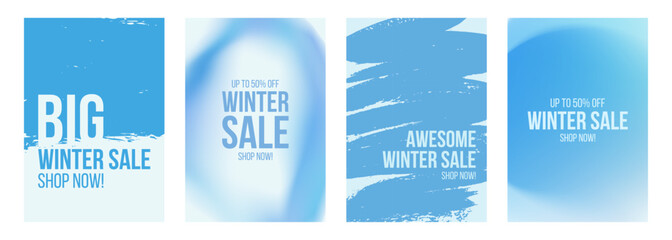 Winter Sale Commercial Set. Winter season sales promotional backgrounds with blue color blurred gradients and brush strokes. Vector illustration.
