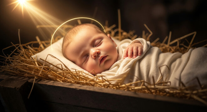 Infant Jesus sleeping in a rustic manger with a glowing halo. The newborn baby Christ in a traditional Christmas nativity scene. Biblical story of the birth of the savior - Powered by Adobe