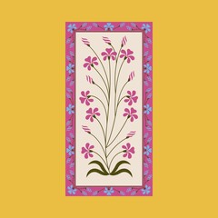 A minimalist illustration featuring pink flowers with multiple layers of petals on green stems, set against a textured light blue background. The flowers are clustered, creating a vibrant pattern