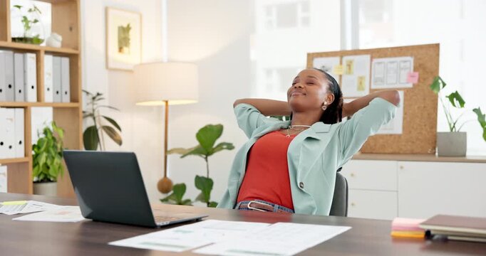 Relax, stretching and laptop with business black woman for proposal success, completed deadline and research. Project approval, satisfaction and creative startup with person in office for good news