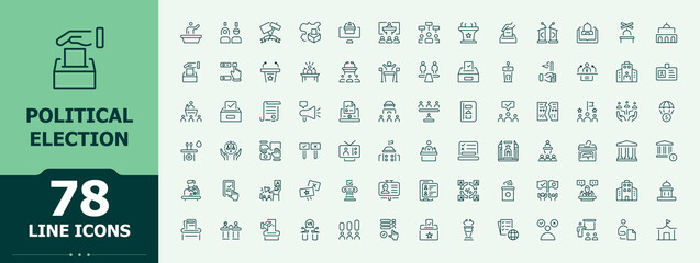 Political line icon set. Includes thin line symbols democrat, government, governance, democracy, political. Activism icon set in linear style. Minimalist icons pack. Editable vector. Pixel perfect.