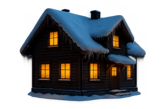 Cozy winter house with glowing windows and snow-covered roof isolated on transparent background, night ambiance