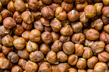 Hazelnuts. Close up of huzelnuts background.  Top view