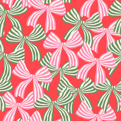 Hand drawn seamless pattern of Merry Christmas and Happy New Year. Vintage concept background with gift bow. Colorful modern design for print, poster, banner, wrapping paper, wallpaper, packaging