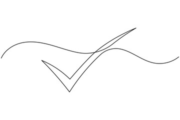 Approval check mark icon continuous one line drawing on white background minimalist tick symbol outline vector illustration