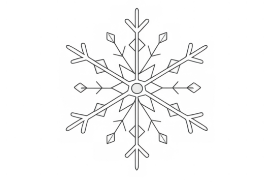 Symmetrical snowflake crystal forming winter season symbol, cold weather frost element, transparent background