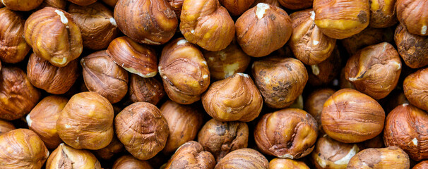 Hazelnuts. Close up of huzelnuts background.  Top view